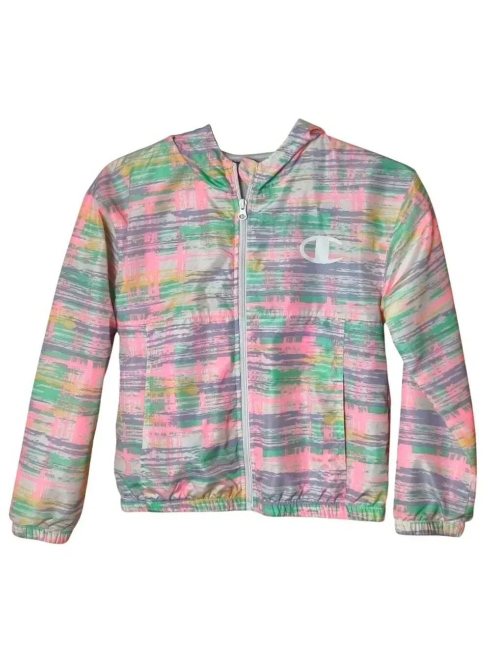 Champion Girls M Hooded Windbreaker Jacket Multicolor Zip-Up Elastic Hem Cuffs